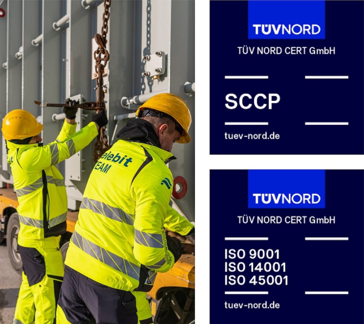 Radnici osiguravaju tešku industrijsku opremu u skladu s normama ISO 9001, ISO 14001 i ISO 45001.