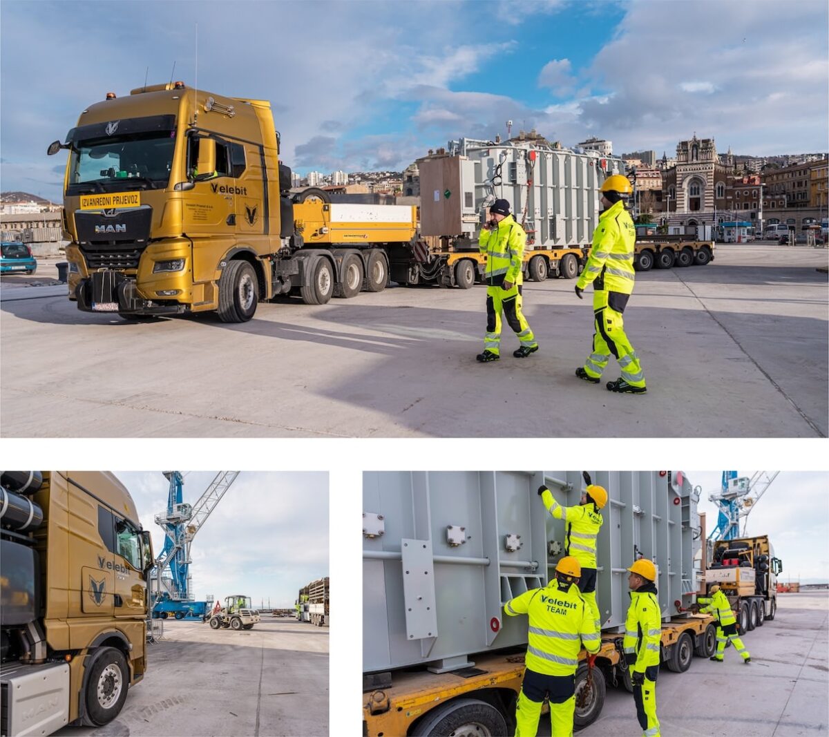 Velebit-Promet team coordinating heavy transport of oversized industrial equipment at a port facility.