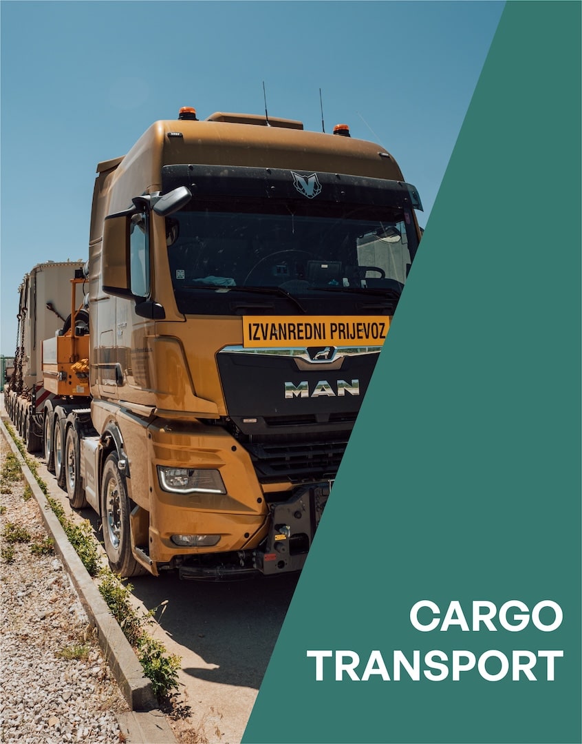 Velebit-Promet heavy-duty truck for special cargo transport at an industrial site.