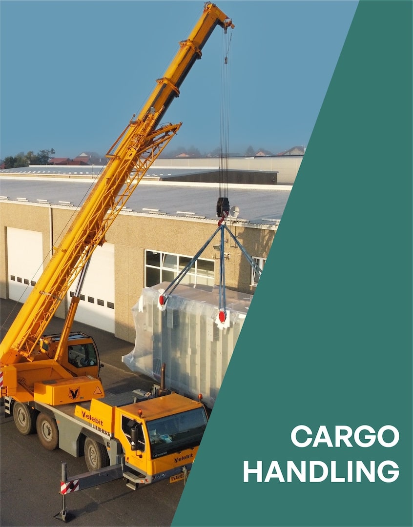 Velebit-Promet crane handling heavy industrial cargo at an industrial site.